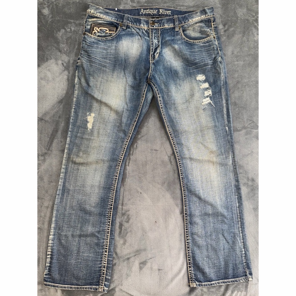 Antique Rivet Medium Wash Distressed Jeans with Decorated Pockets
